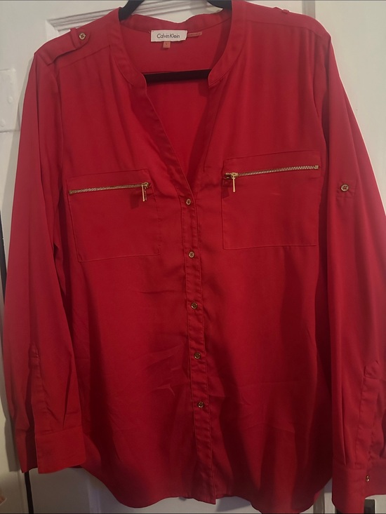 Calvin Klein Tops - Calvin Klein Red Long-Sleeve Button-Down Shirt with Gold Zippers